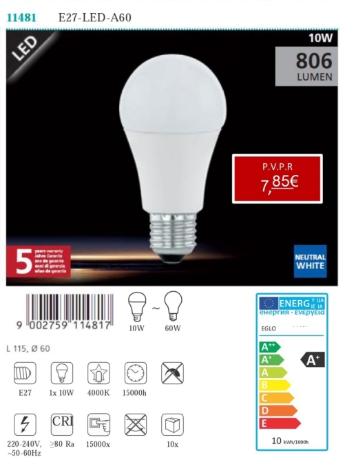 Lâmpadas LED - Lâmpadas  Lámpada LED E27-LED-A60 10W