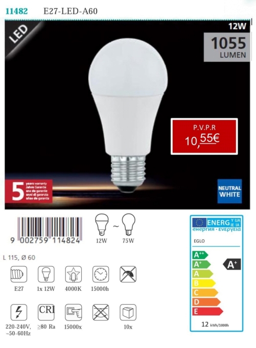 Lâmpadas LED - Lâmpadas  Lámpada LED E27-LED-A60 12W