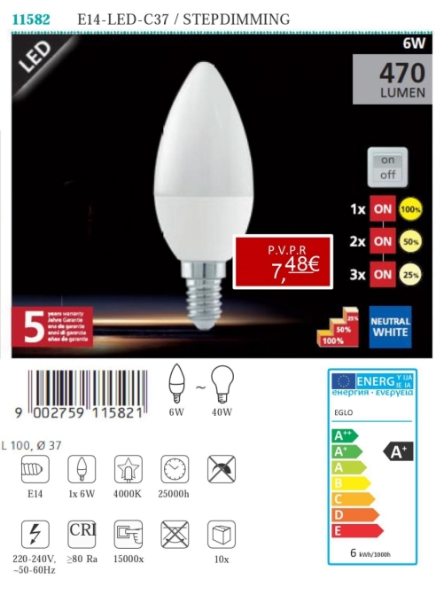Lâmpadas LED - Lâmpadas  Lámpada LED E14-LED-C37 / STEPDIMMING 6W