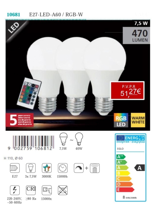 Lâmpadas LED - Lâmpadas  Lámpada LED E27-LED-A60 / RGB-W 7,5W