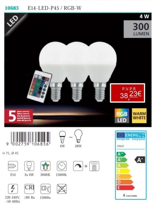 Lâmpadas LED - Lâmpadas  Lámpada LED E14-LED-P45 / RGB-W 4W