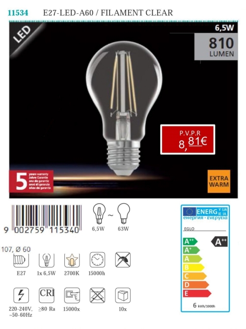 Lâmpadas LED - Lâmpadas  Lámpada LED E27 - LED - A60 / FILAMENT CLEAR 6,5W