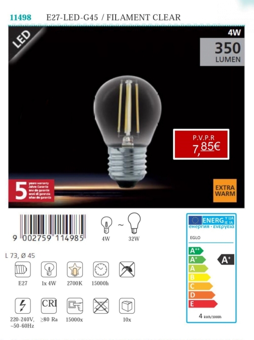 Lâmpadas LED - Lâmpadas  Lámpada LED E14-LED-G45 / FILAMENT CLEAR 4W