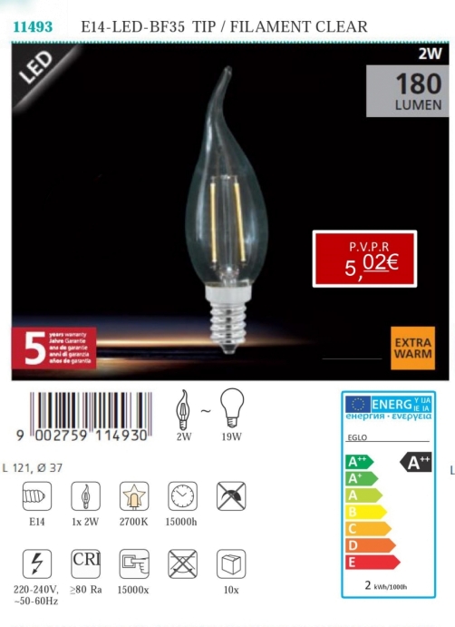 Lâmpadas LED - Lâmpadas  Lámpada LED E14 - LED - BF35 TIP / FILAMENT CLEAR 2W