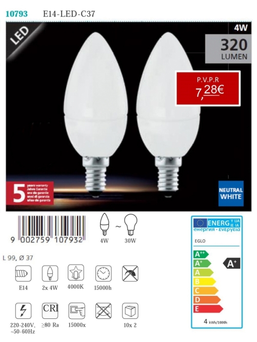 Lâmpadas LED - Lâmpadas  Lámpada LED E14-LED-C37 4W