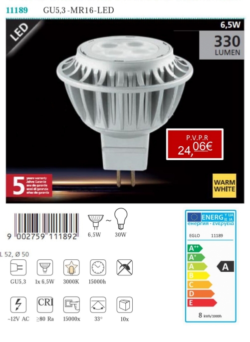 Lâmpadas LED - Lâmpadas  Lámpada LED GU5,3 - MR16 - LED 6,5W