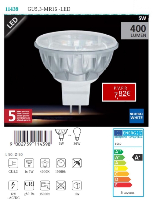 Lâmpadas LED - Lâmpadas  Lámpada LED GU5,3 - MR16 - LED 5W