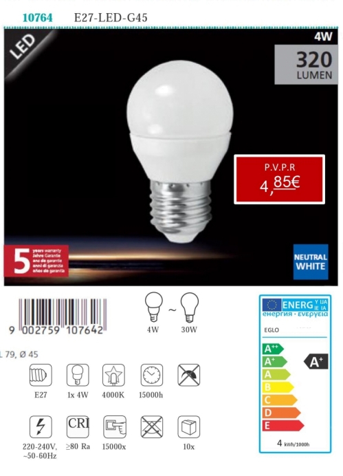 Lâmpadas LED - Lâmpadas  Lámpada LED E27-LED-G45 4W