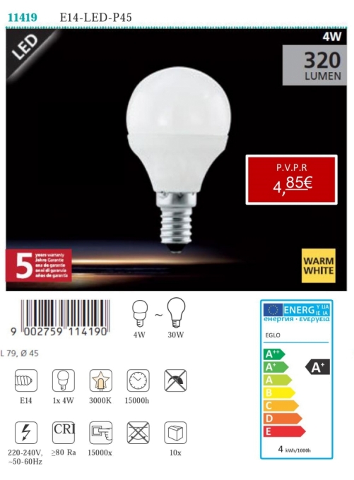 Lâmpadas LED - Lâmpadas  Lámpada LED E14-LED-P45 4W