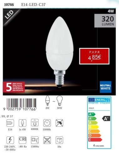 Lâmpadas LED - Lâmpadas  Lámpada LED E14-LED-C37 4W