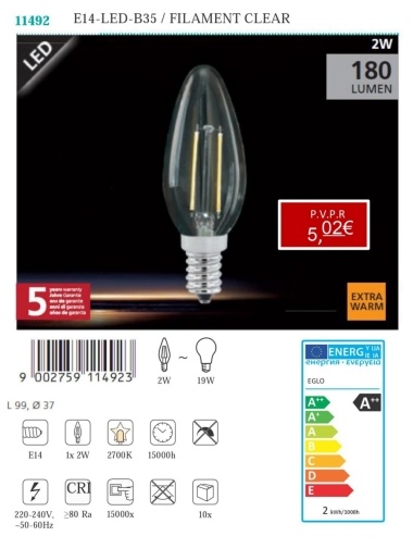 Lâmpadas LED - Lâmpadas  Lámpada LED E14 - LED - B35 / FILAMENT CLEAR 2W