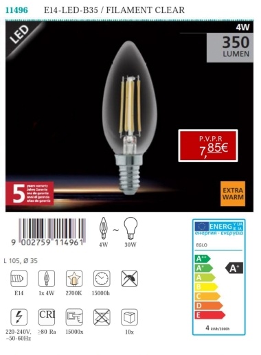 Lâmpadas LED - Lâmpadas  Lámpada LED E14 - LED - B35 / FILAMENT CLEAR 4W