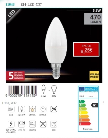 Lâmpadas LED - Lâmpadas  Lámpada LED E14-LED-C37 5,5W