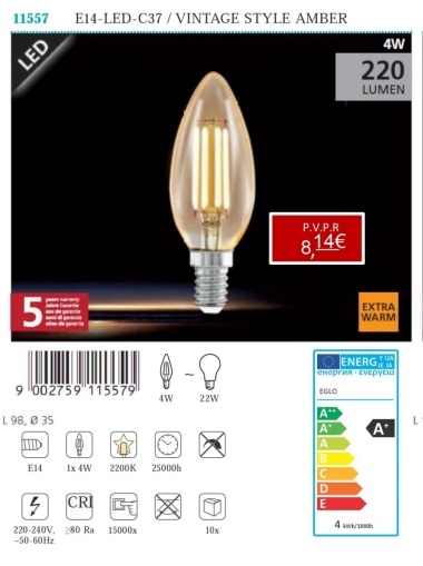 Lâmpadas LED - Lâmpadas  Lámpada LED E14-LED-C37 / VINTAGE STYLE AMBER 4W